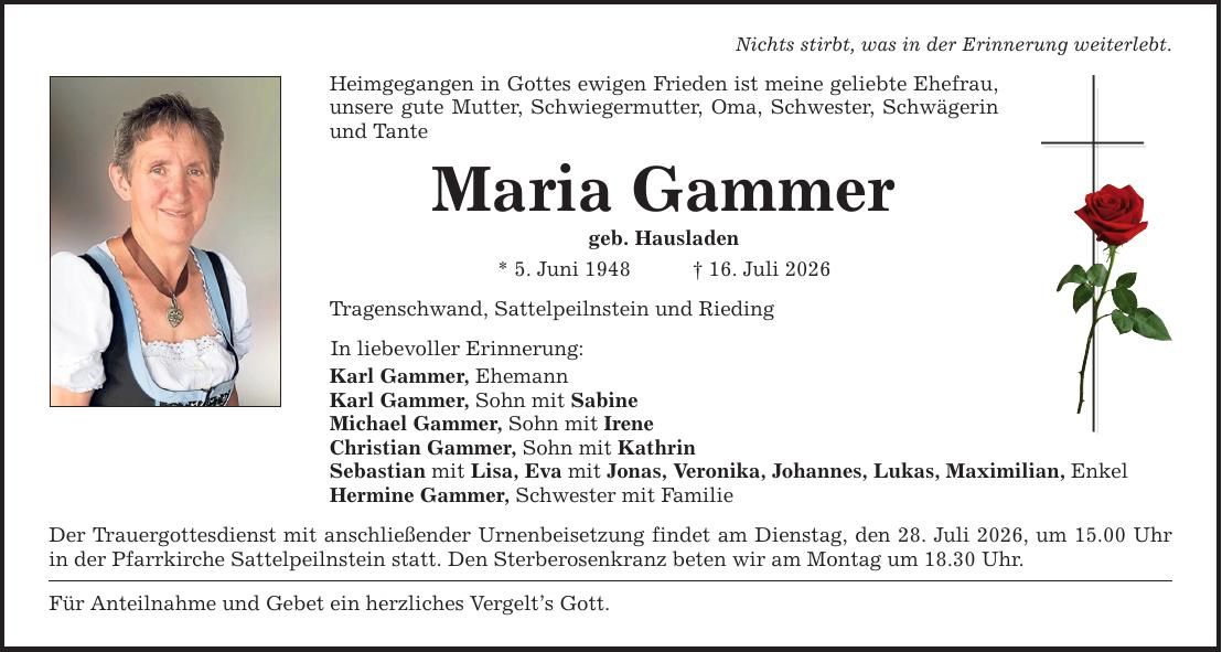 Traueranzeige Maria Gammer