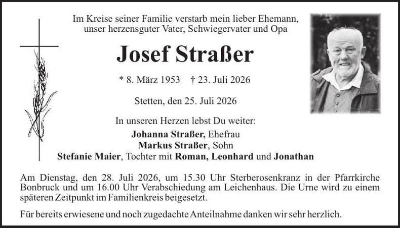 Traueranzeige Josef Straßer