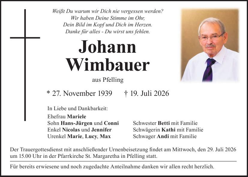 Traueranzeige Johann Wimbauer