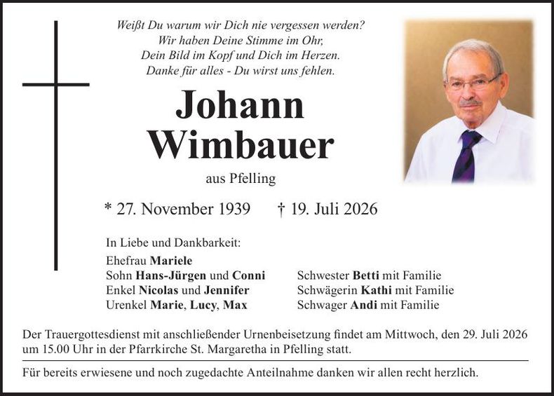 Traueranzeige Johann Wimbauer