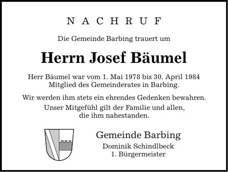 Traueranzeige Josef Bäumel