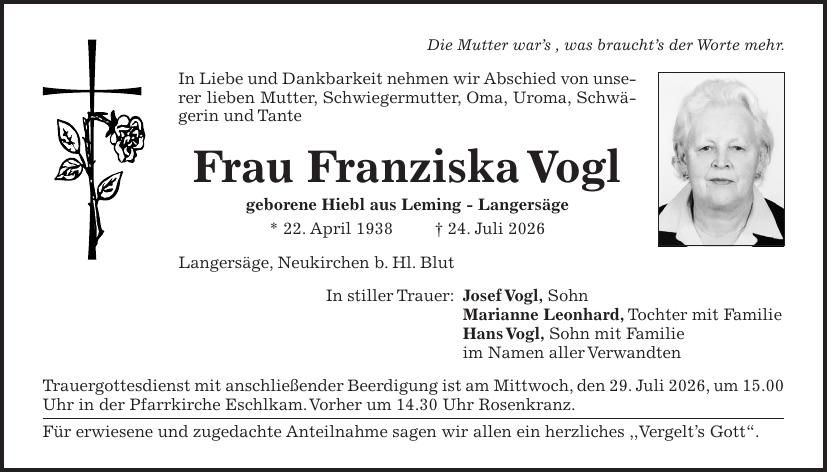 Traueranzeige Franziska Vogl