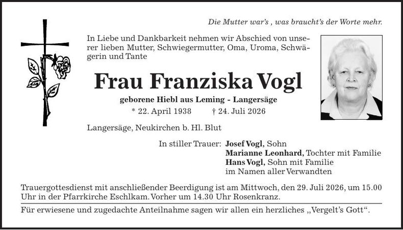 Traueranzeige Franziska Vogl