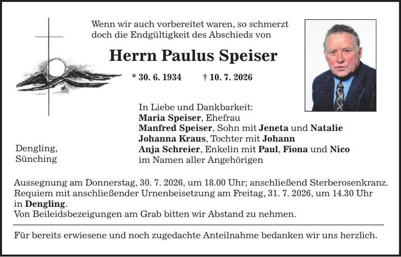 Traueranzeige Paulus Speiser