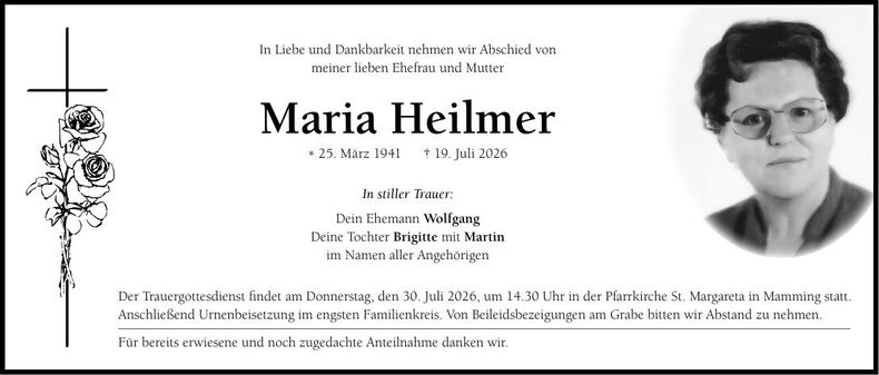 Traueranzeige Maria Heilmer