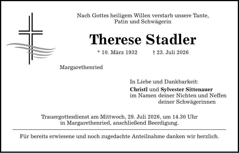 Traueranzeige Therese Stadler