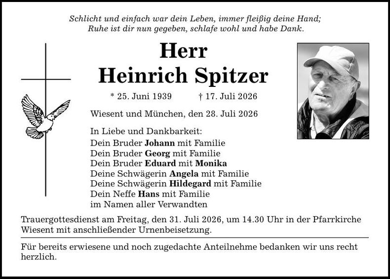 Traueranzeige Heinrich Spitzer