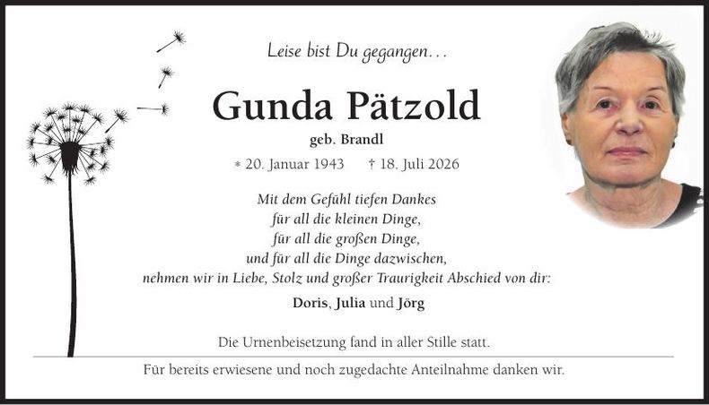 Traueranzeige Gunda Pätzold