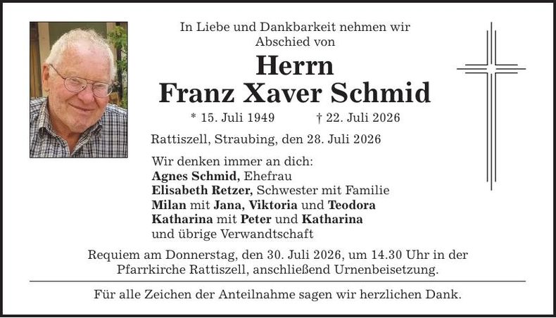 Traueranzeige Franz Xaver Schmid