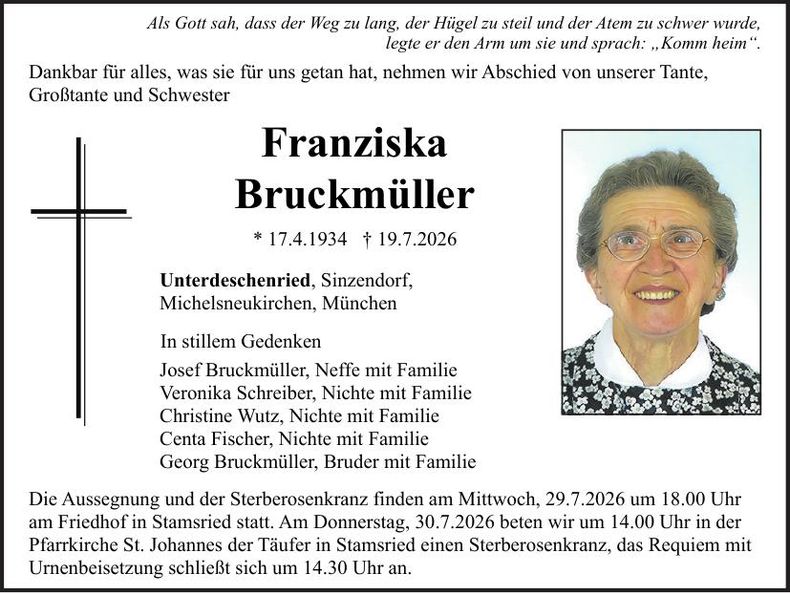 Traueranzeige Franziska Bruckmüller