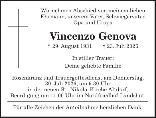 Traueranzeige Vincenzo Genova