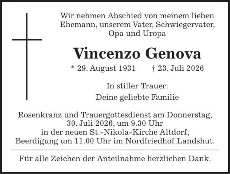 Traueranzeige Vincenzo Genova