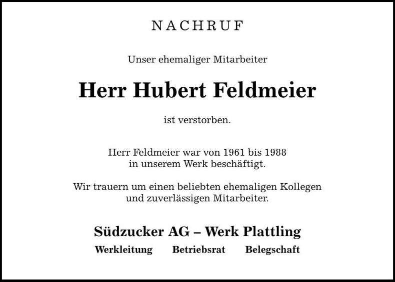 Traueranzeige Hubert Feldmeier