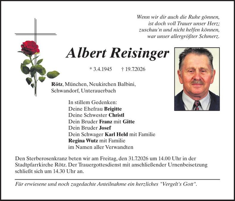 Traueranzeige Albert Reisinger
