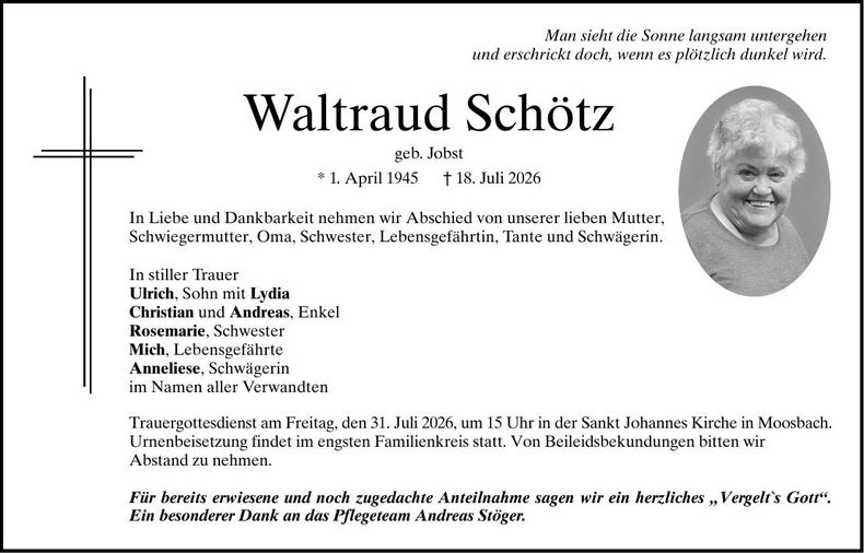 Traueranzeige Waltraud Schötz