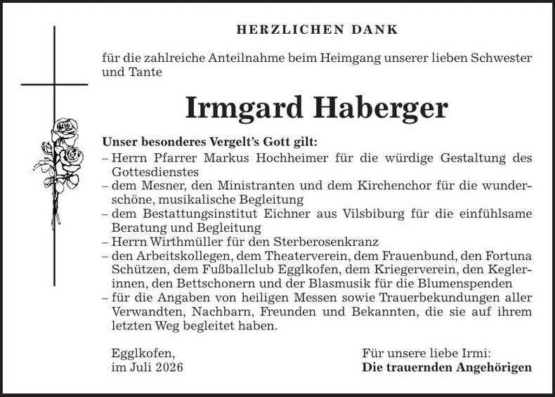 Traueranzeige Irmgard Haberger