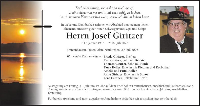 Traueranzeige Josef Giritzer