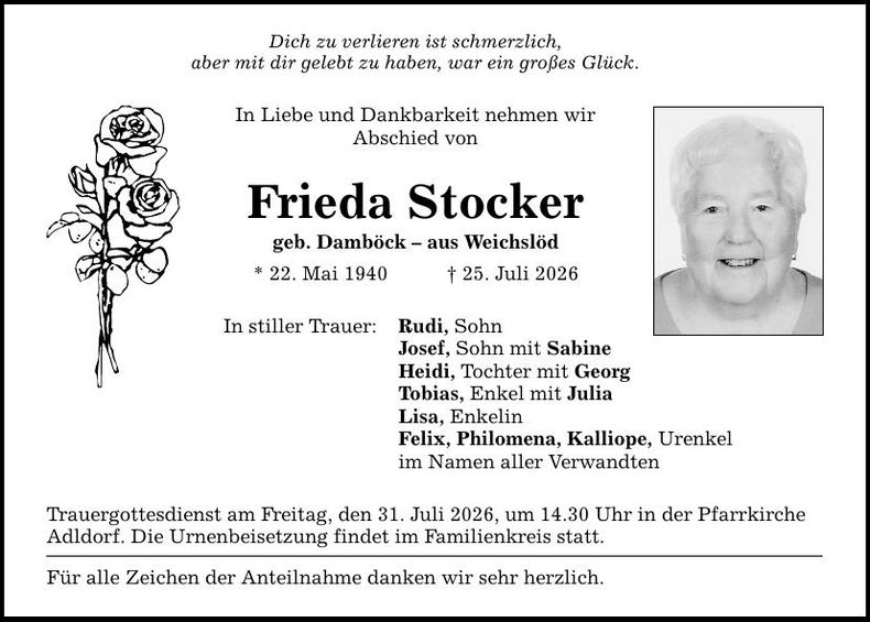 Traueranzeige  Frieda Stocker