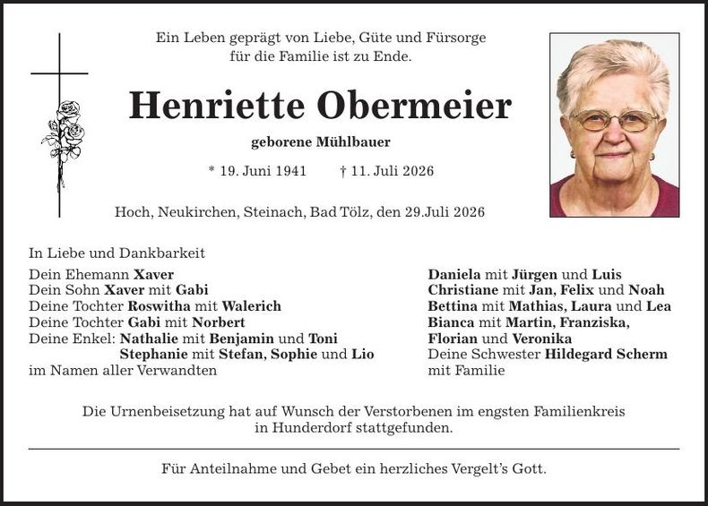 Traueranzeige Obermeier Henriette 