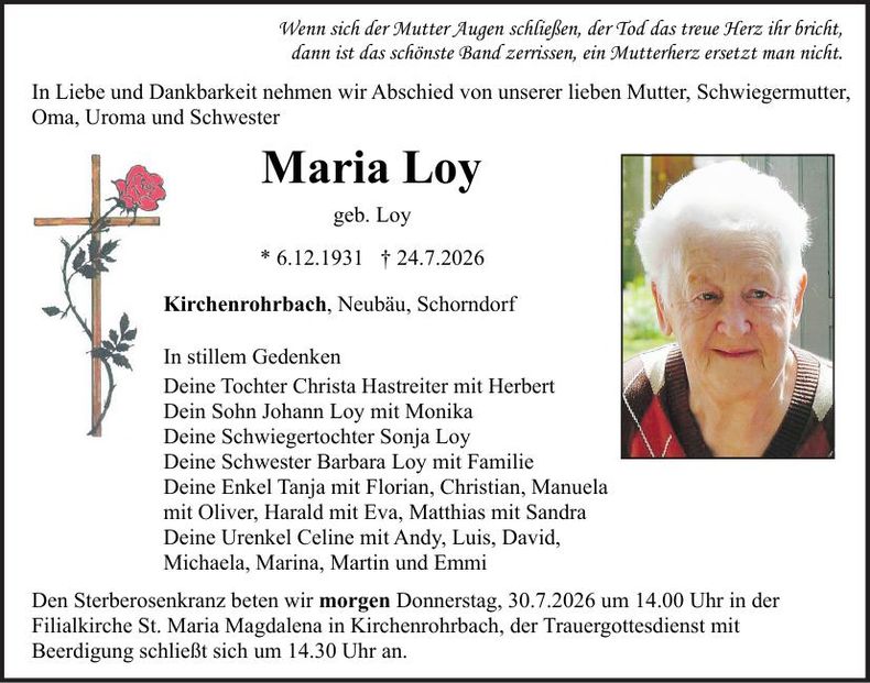 Traueranzeige Maria Loy