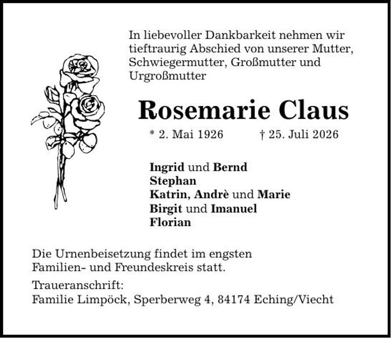 Traueranzeige Rosemarie Claus