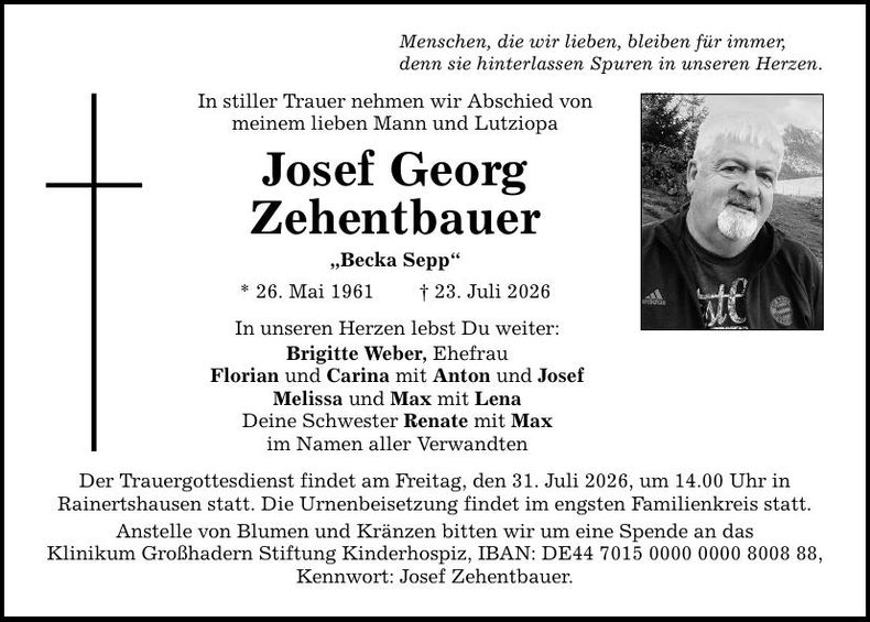Traueranzeige Josef Georg Zehentbauer