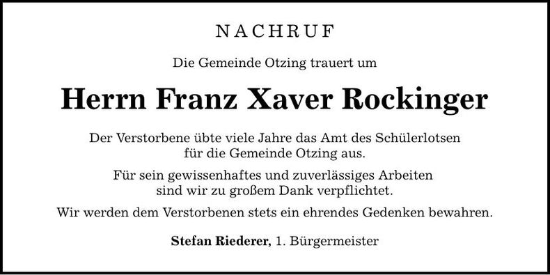 Traueranzeige Franz Xaver Rockinger