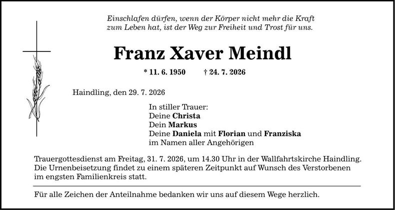 Traueranzeige Franz Xaver  Meindl