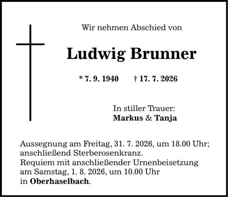 Traueranzeige Ludwig  Brunner 