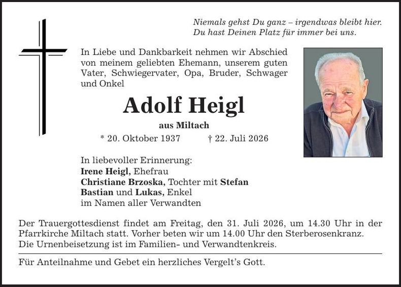 Traueranzeige Adolf Heigl
