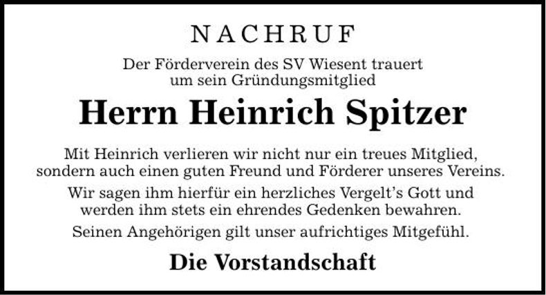 Traueranzeige Heinrich Spitzer