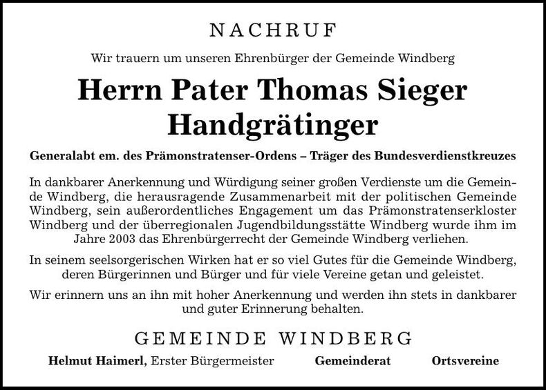 Traueranzeige Thomas Sieger Pater Handgrätinger
