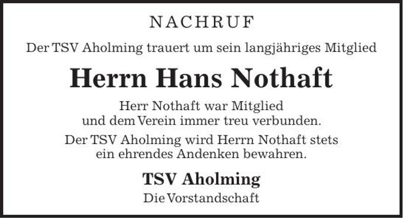 Traueranzeige Hans Nothaft