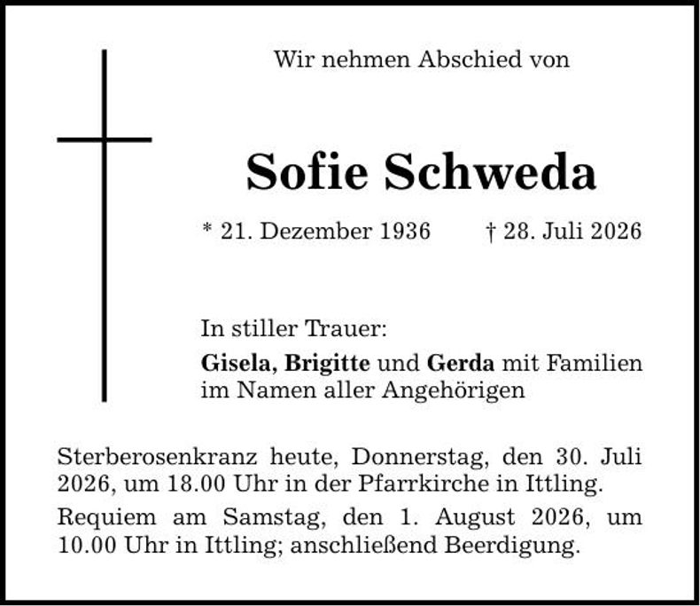 Traueranzeige Sofie Schweda
