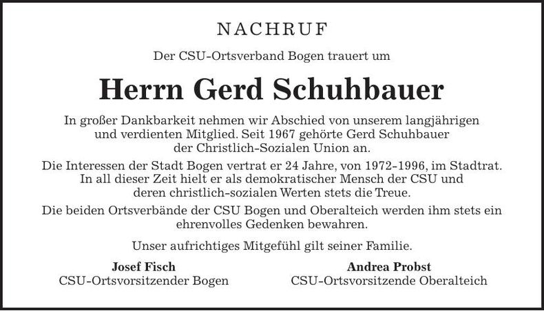 Traueranzeige Gerd Schuhbauer