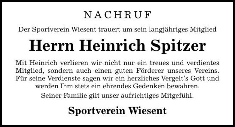 Traueranzeige Heinrich Spitzer
