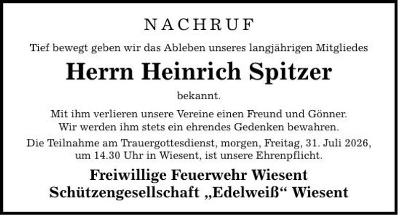 Traueranzeige Heinrich Spitzer 
