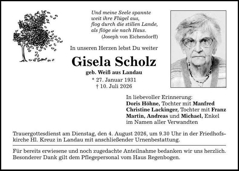 Traueranzeige Gisela Scholz