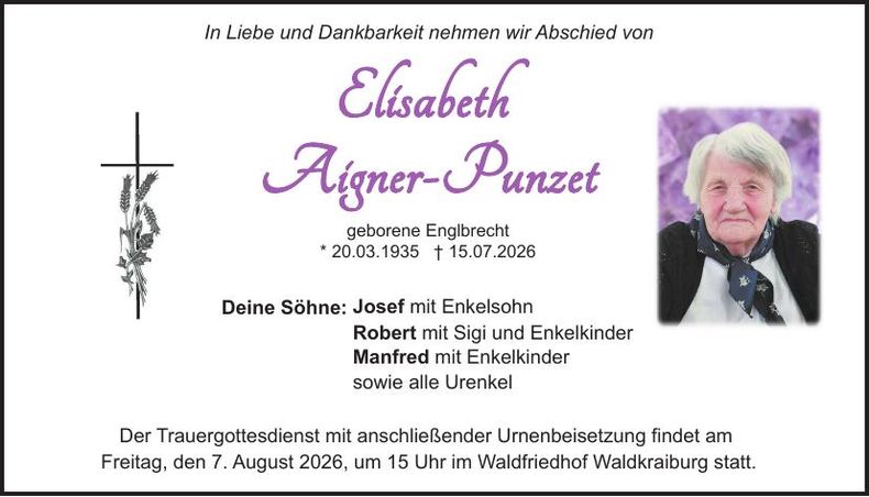 Traueranzeige Elisabeth Aigner-Punzet