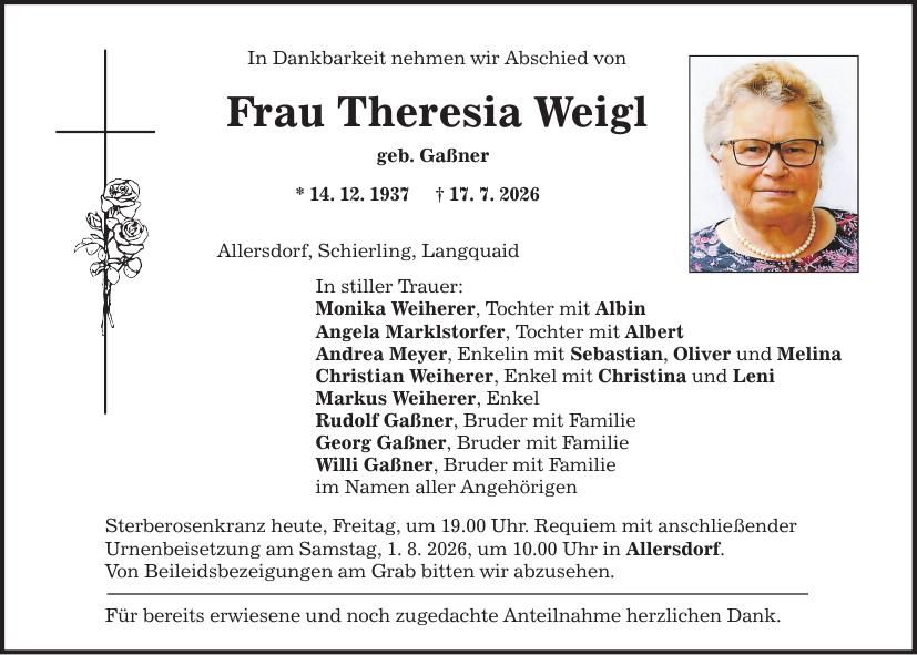 Traueranzeige Theresia Weigl