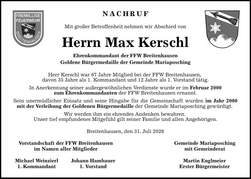Traueranzeige Max Kerschl
