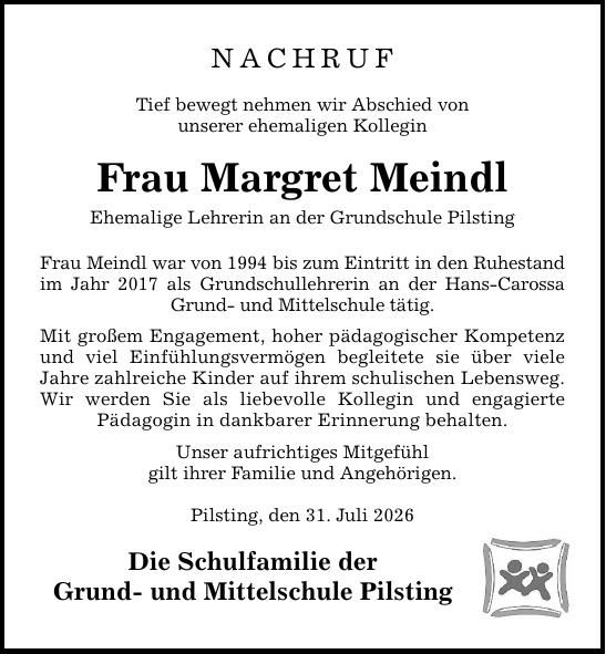 Traueranzeige Margret Meindl