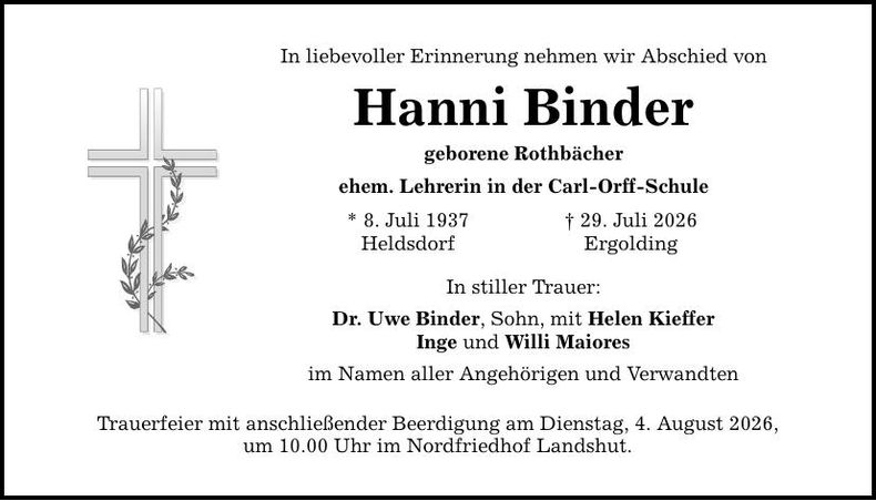 Traueranzeige Hanni Binder