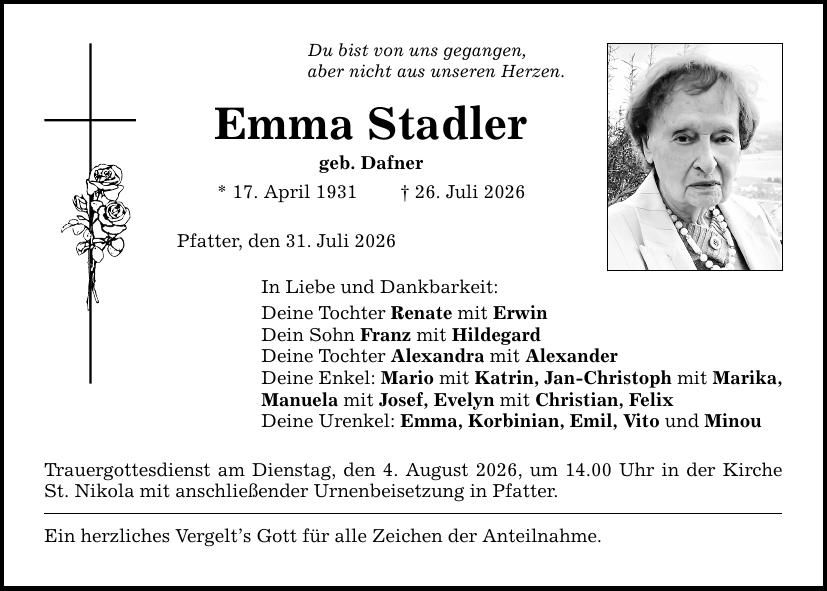 Traueranzeige Emma Stadler
