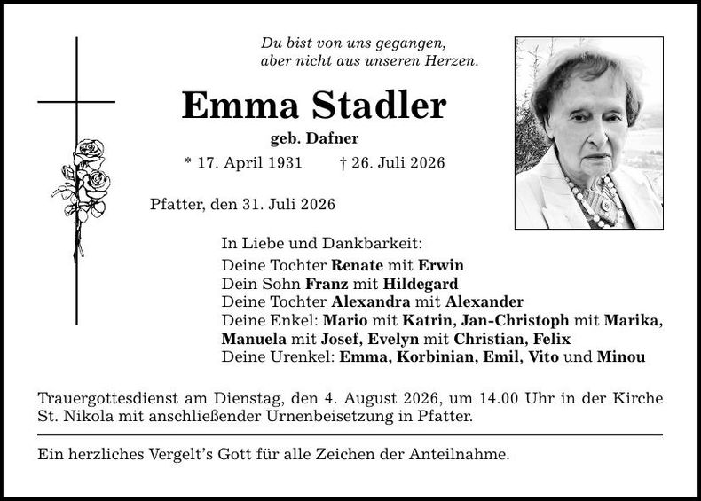 Traueranzeige Emma Stadler