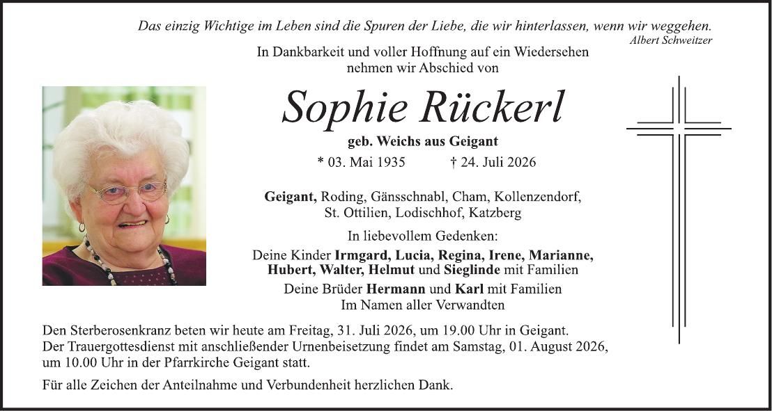 Traueranzeige Sophie Rückerl