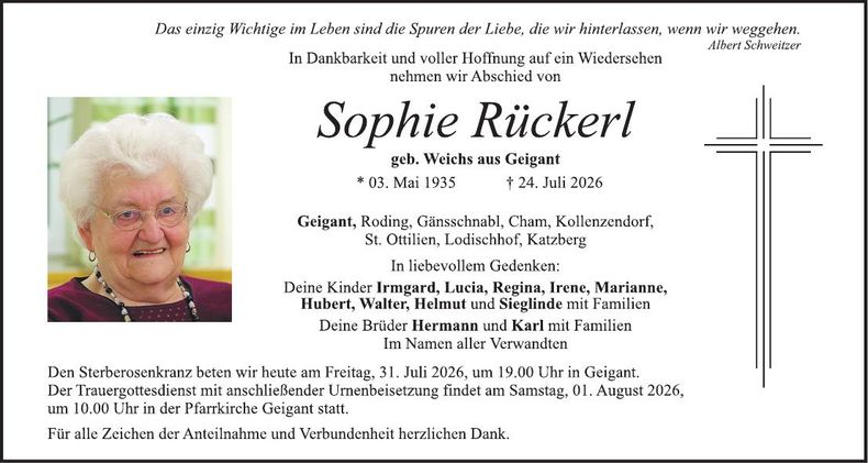 Traueranzeige Sophie Rückerl