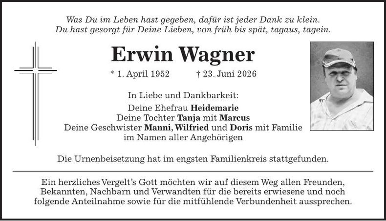 Traueranzeige Erwin Wagner