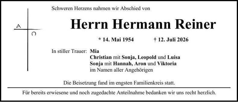 Traueranzeige Hermann Reiner