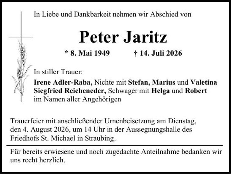 Traueranzeige Peter Jaritz